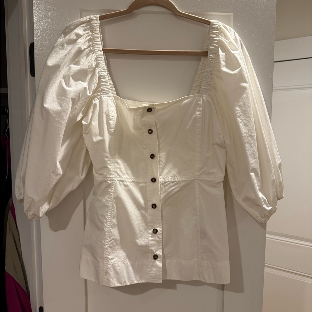Ganni Cream Puff Sleeve Button-Down Blouse